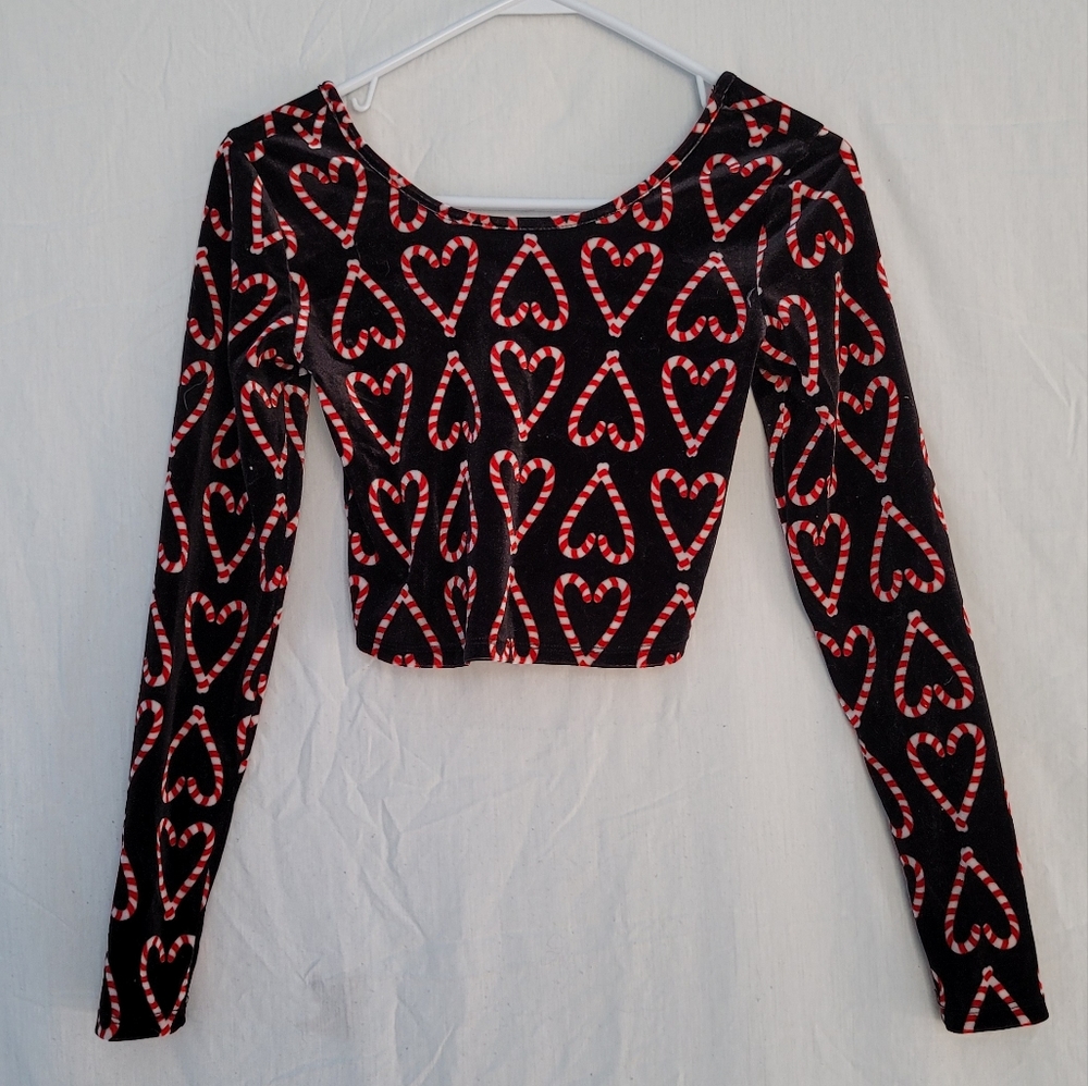 Candy Cane Heart Shaped Long Sleeve Velvet Shirt